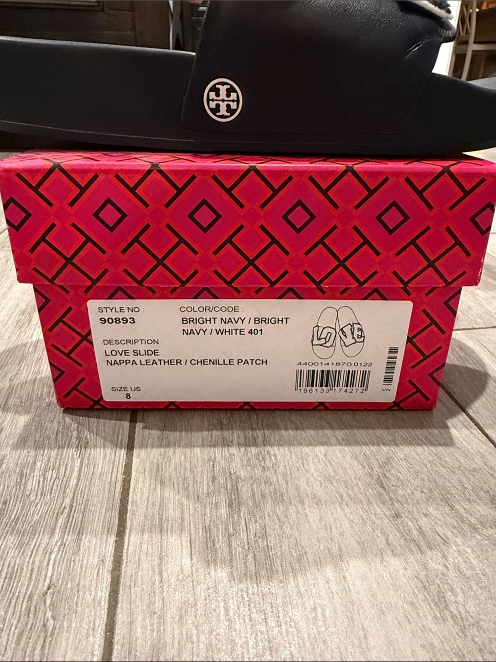 Tory Burch Navy Slide Sandals with White-Trim 'LOVE' Appliqué